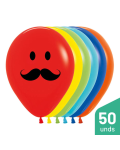 Paquete Globos Carita Feliz Bigote, Impreso, Surtido Fashion R-12 por 50 unidades