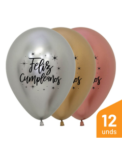 Globo Feliz Cumpleaños Radiante Impreso Negro Surtido Reflex R-12 por 12 Unidades