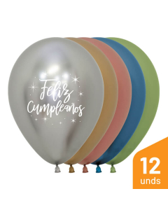Globo Feliz Cumpleaños Radiante Impreso Blanco Surtido Reflex R-12 por 12 Unidades