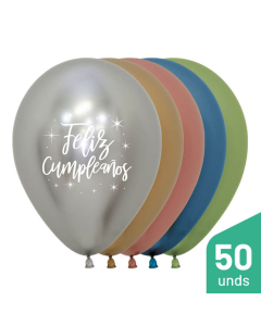 Paquete Globos Feliz Cumpleaños Radiante Impreso Blanco Surtido Reflex R-12 por 50 Unidad