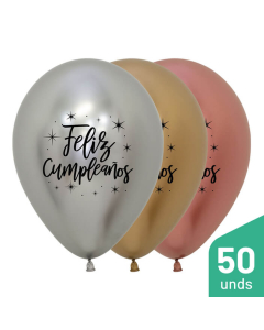 Paquete Globos Feliz Cumpleaños Radiante Impreso Negro Surtido Reflex R-12 por 50 Unidades