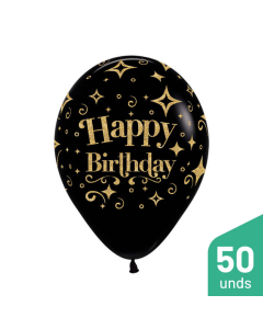 Paquete Globos Infinity Happy Birthday Escarchado Diamante Dorado Negro Fashion R-12 por 50 Unidades