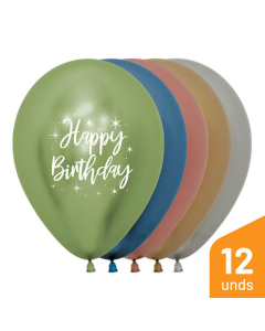 Globo Happy Birthday Radiante Impreso Blanco Surtido Reflex R-12 por 12 Unidades