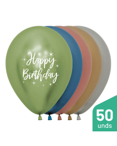 Paquete Globos Happy Birthday Radiante Impreso Blanco Surtido Reflex R-12 por 50 Unidades