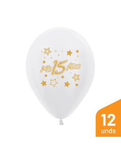Globo Impreso Mis 15 Años Tinta Dorada Perla Satin R-12 por 12 Unidades