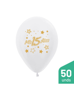 Paquete Globos Impreso Mis 15 Años Tinta Dorada Perla Satin R-12 por 50 Unidades
