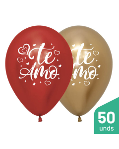 Paquete Globos Impreso Te Amo Brillante Rojo y Dorado Reflex R-12 por 50 Unidades