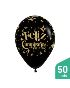 Paquete Globos Infinity Feliz Cumpleaños Escarchado Diamante Dorado Negro Fashion R-12 por 50 Unidades