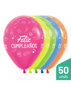 Paquete Globos Infinity Feliz Cumpleaños Fiesta Surtido Neon R-12 por 50 Unidades